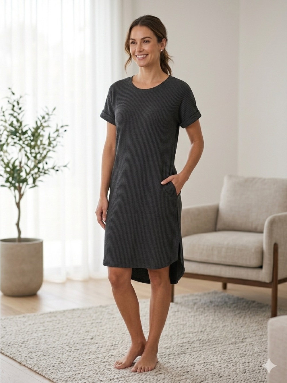 ENTRO Ribbed Black Casual Lounge Dress - Size M - Like New Condition